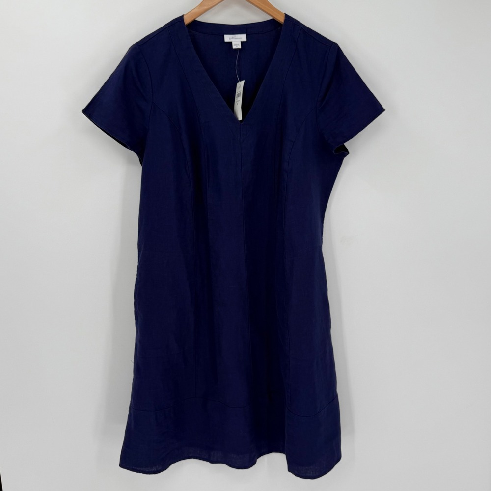 NWT J.Jill Love Linen Blueberry Dress 100% Linen V-Neck‎ Short Sleeve Medium